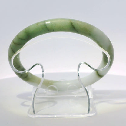 59mm White Banana Leaf Round Jade Bangle, close-up view showing stone texture and pattern, authentic Type A Burma jadeite, Brother Ryan Shop
