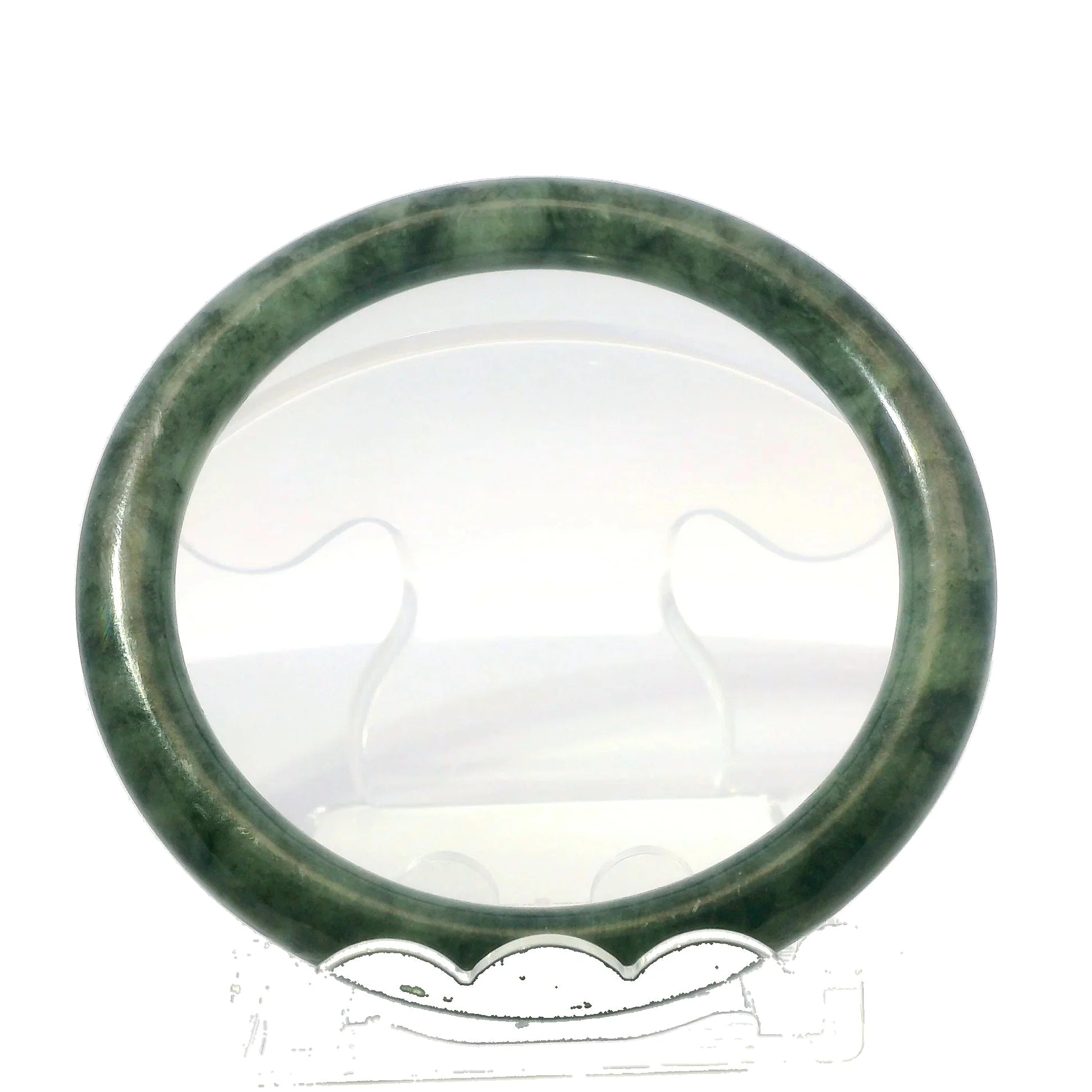 58mm Imperial Wuji Round Jade Bangle, front view on display stand, authentic Type A Burma jadeite, Brother Ryan Shop