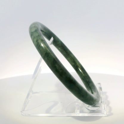 58mm Imperial Wuji Round Jade Bangle, upright edge view on display stand, authentic Type A Burma jadeite, Brother Ryan Shop