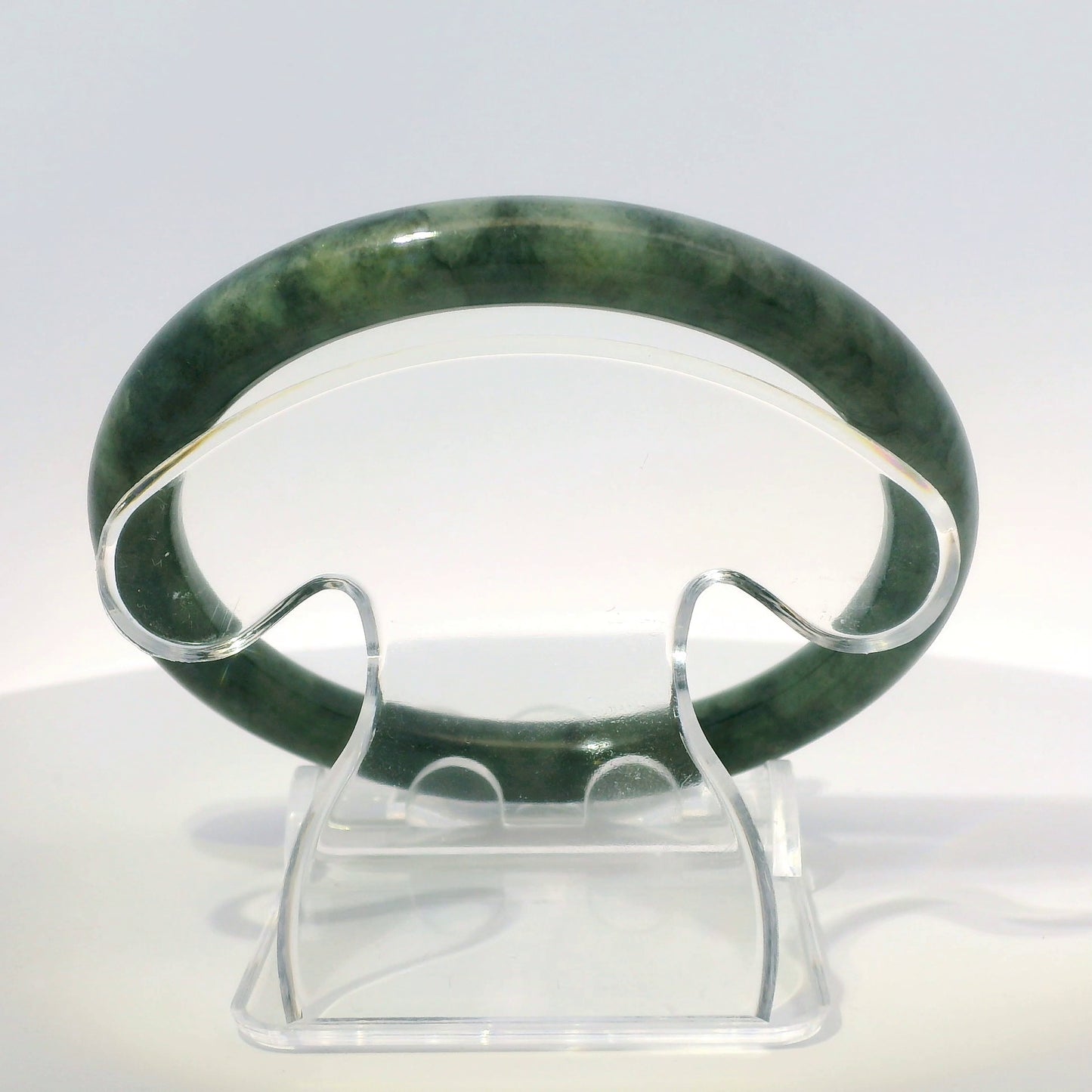 58mm Imperial Wuji Round Jade Bangle, top-down view on display stand, authentic Type A Burma jadeite, Brother Ryan Shop