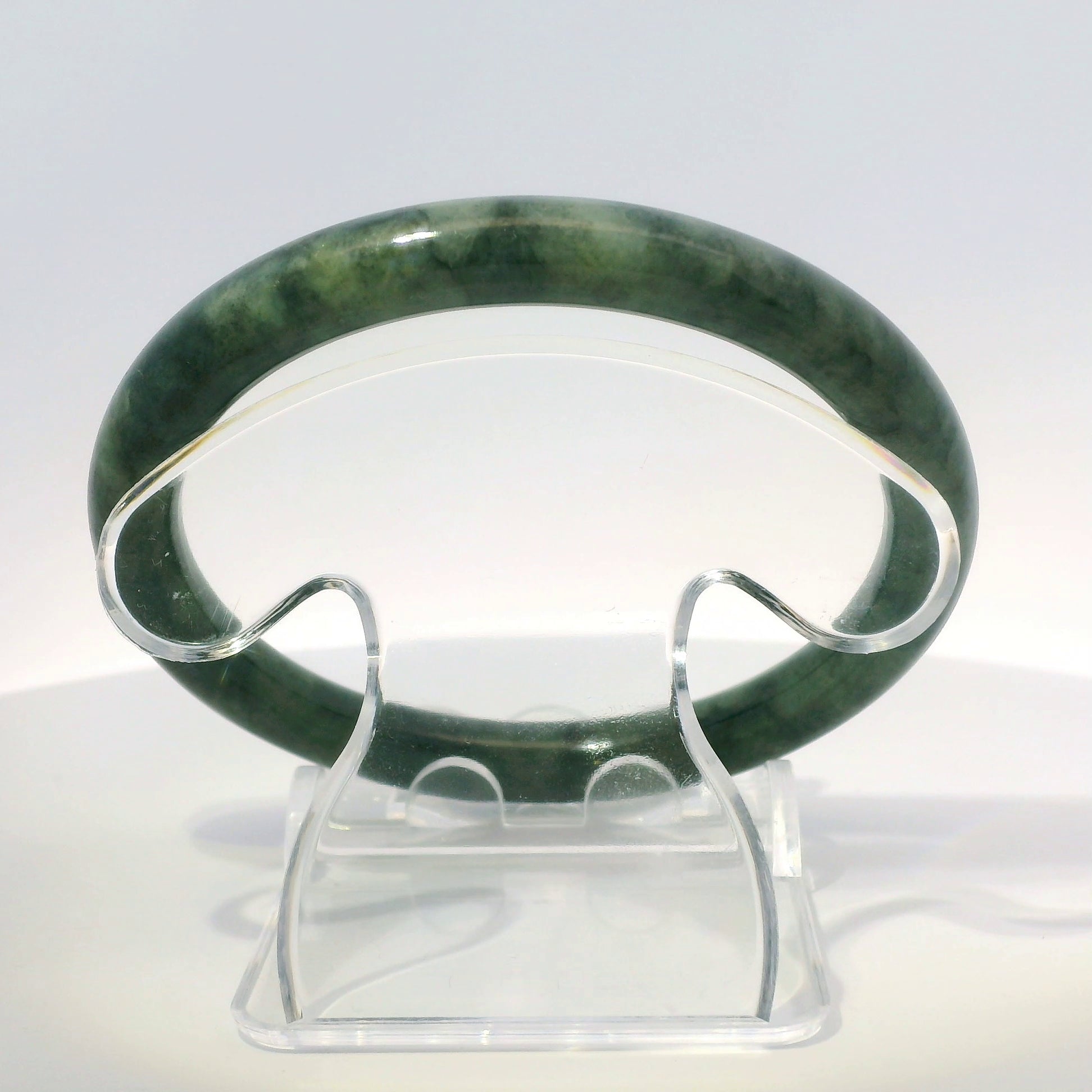 58mm Imperial Wuji Round Jade Bangle, top-down view on display stand, authentic Type A Burma jadeite, Brother Ryan Shop