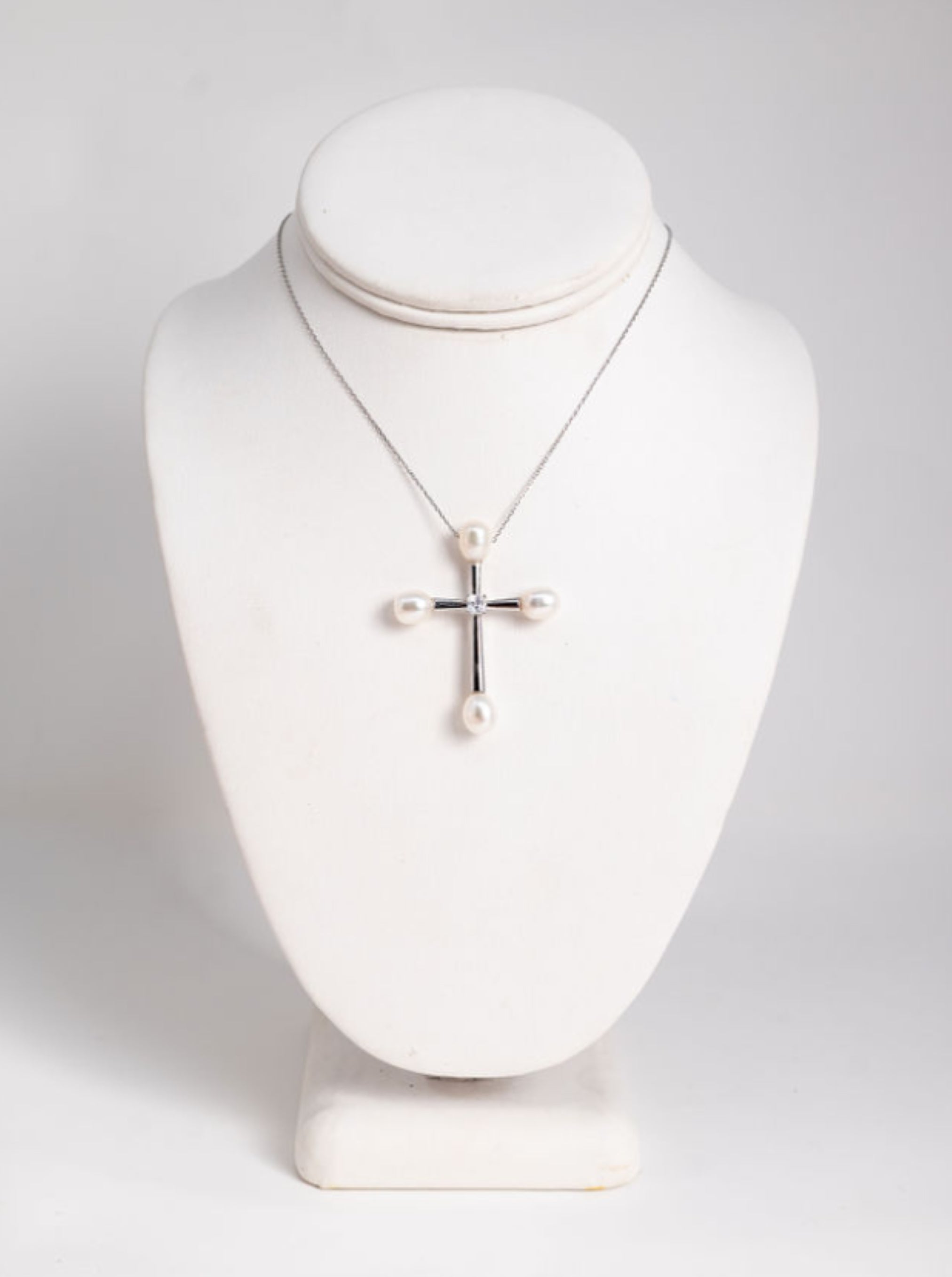 White Pearl Cross Necklace