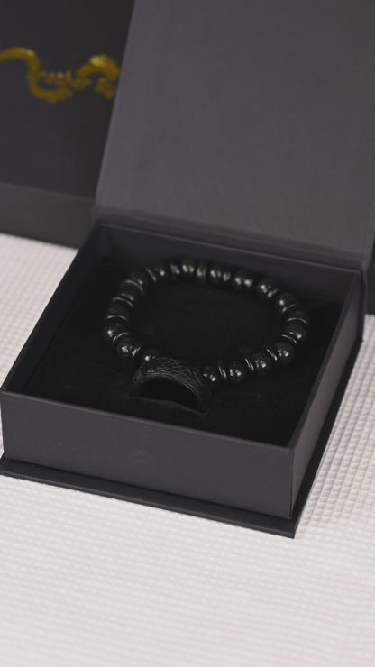 Black Jade Bead Bracelet & Dragon Scale Engraved Jade Ring Set
