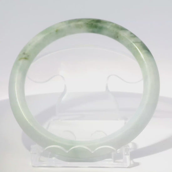 59mm White Moss Round Jade Bangle, 360 video showcasing clarity and color, authentic Type A Burma jadeite, Brother Ryan Shop