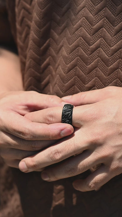 Black Jade Bead Bracelet & Dragon Scale Engraved Jade Ring Set
