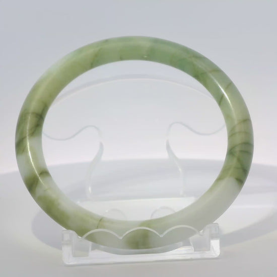 59mm White Banana Leaf Round Jade Bangle, 360 degree video view, authentic Type A Burma jadeite, Brother Ryan Shop