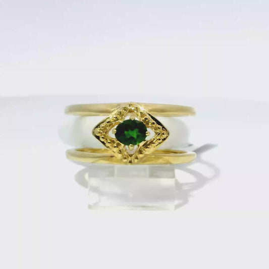 White jadeite ring with chrome diopside accent in 925 silver and 18k white gold plating