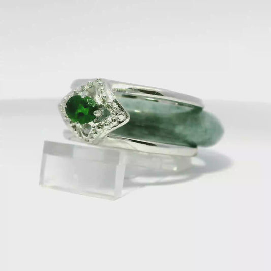 Ocean Blue Burmese Jadeite Ring with Chrome Diopside Accent — 925 Silver, 18K White Gold Plated | Convertible Frame | Size 8